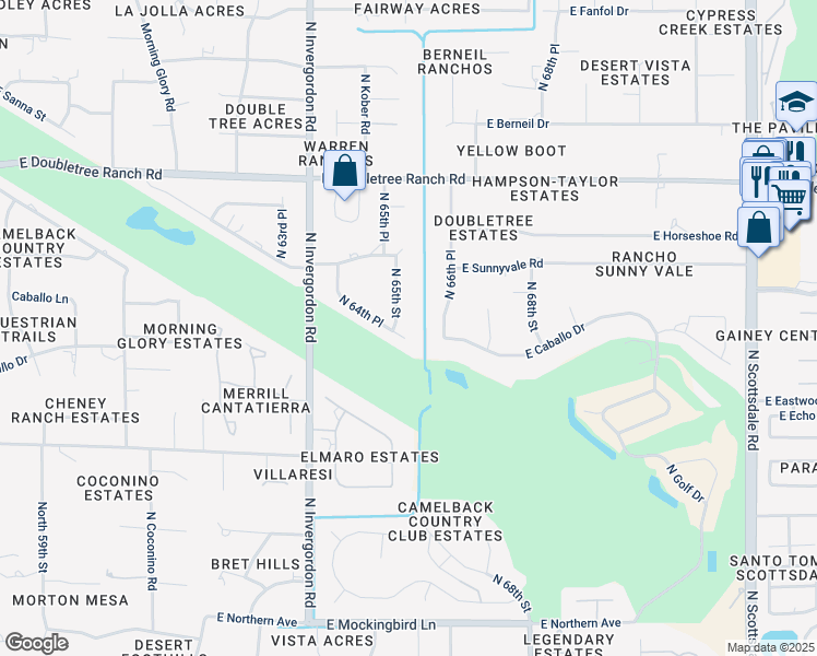 map of restaurants, bars, coffee shops, grocery stores, and more near 8601 North 64th Place in Paradise Valley
