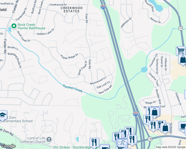 map of restaurants, bars, coffee shops, grocery stores, and more near 7018 New Dale Road in Rex