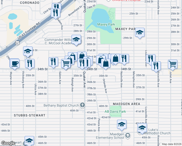 map of restaurants, bars, coffee shops, grocery stores, and more near 4243 34th Street in Lubbock