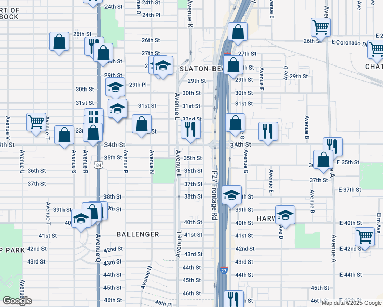 map of restaurants, bars, coffee shops, grocery stores, and more near 1104-1106 35th Street in Lubbock