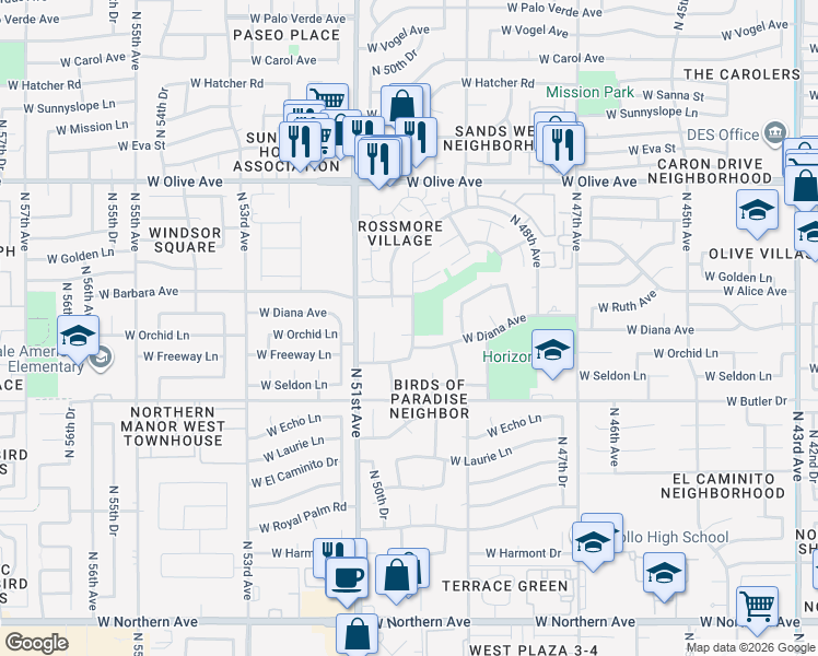 map of restaurants, bars, coffee shops, grocery stores, and more near 5004 West Ruth Avenue in Glendale