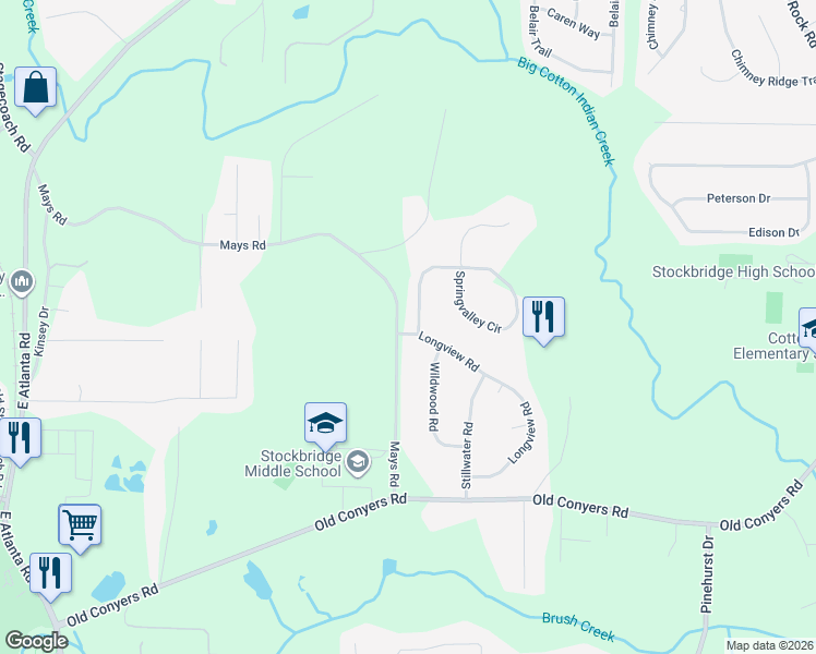 map of restaurants, bars, coffee shops, grocery stores, and more near 157 Longview Road in Stockbridge
