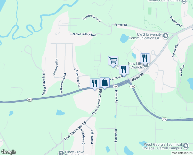 map of restaurants, bars, coffee shops, grocery stores, and more near 225 Maple View Drive in Carrollton