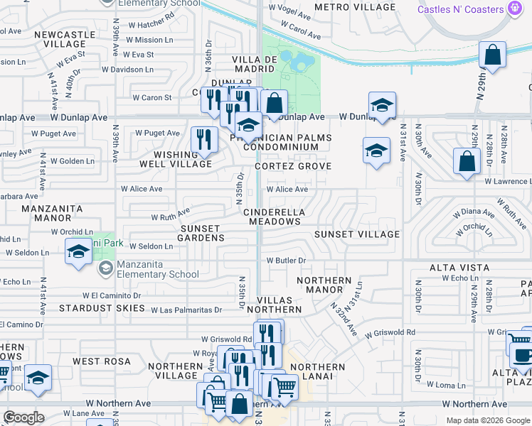 map of restaurants, bars, coffee shops, grocery stores, and more near 3436 West Diana Avenue in Phoenix