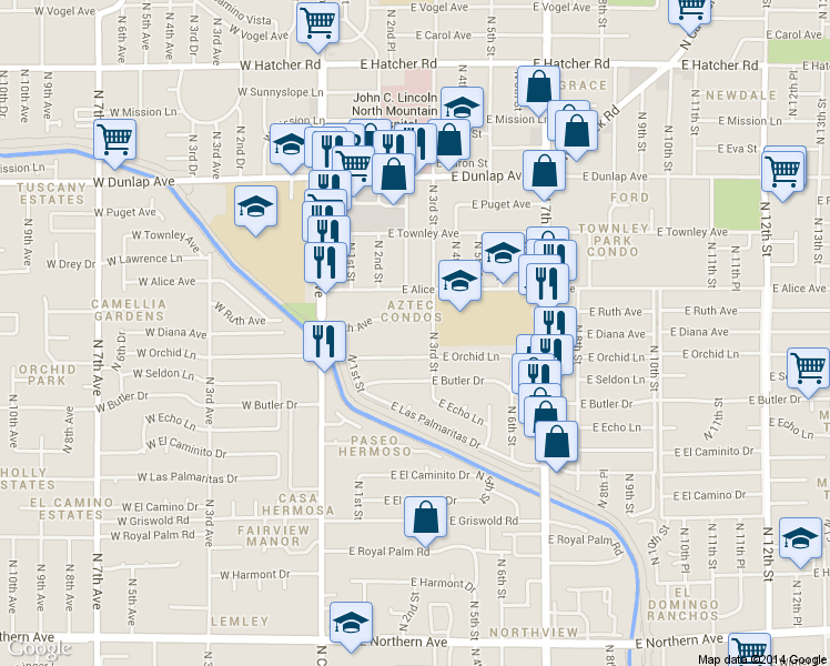 map of restaurants, bars, coffee shops, grocery stores, and more near 205 East Ruth Avenue in Phoenix