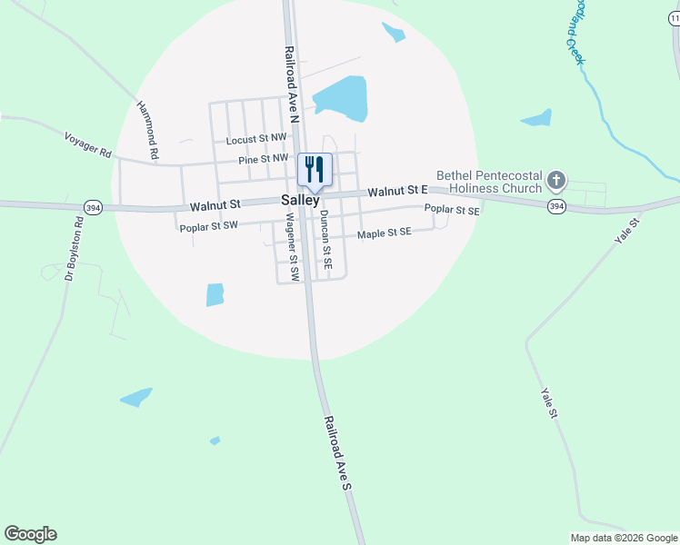 map of restaurants, bars, coffee shops, grocery stores, and more near 141 Cedar Street Southeast in Salley