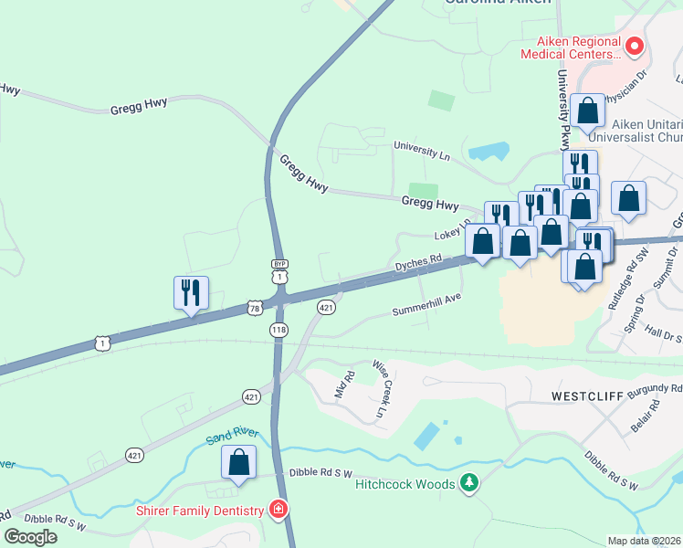 map of restaurants, bars, coffee shops, grocery stores, and more near 3832 Dyches Road in Aiken