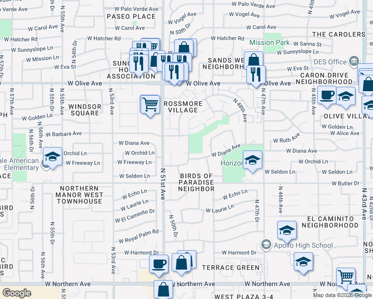 map of restaurants, bars, coffee shops, grocery stores, and more near 5004 West Ruth Avenue in Glendale