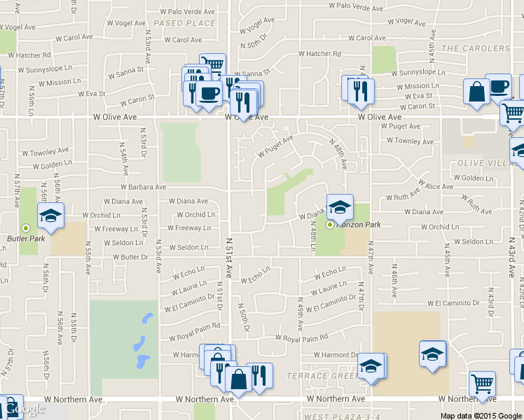 map of restaurants, bars, coffee shops, grocery stores, and more near 5004 West Ruth Avenue in Glendale