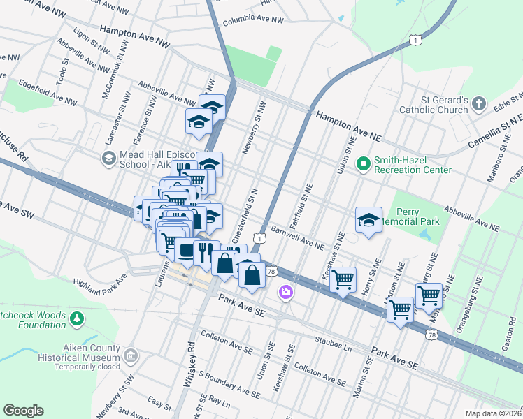 map of restaurants, bars, coffee shops, grocery stores, and more near 211 U.S. 1 in Aiken