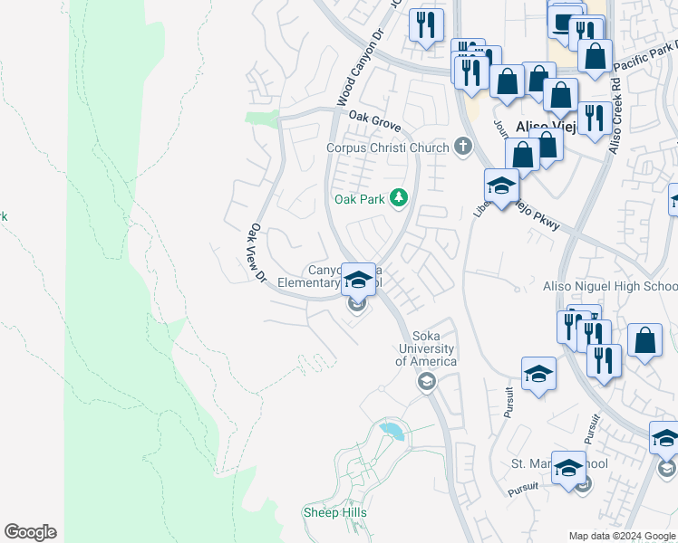 map of restaurants, bars, coffee shops, grocery stores, and more near 103 Endless Vista in Aliso Viejo