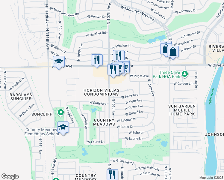 map of restaurants, bars, coffee shops, grocery stores, and more near 8734 North 106th Lane in Peoria