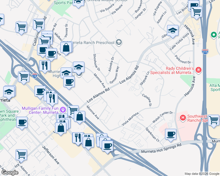 map of restaurants, bars, coffee shops, grocery stores, and more near Jackson Avenue in Murrieta