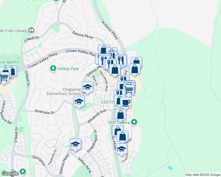map of restaurants, bars, coffee shops, grocery stores, and more near 76 Mercantile Way in Ladera Ranch