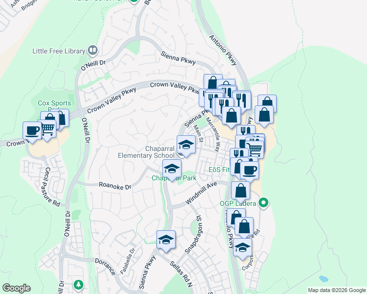 map of restaurants, bars, coffee shops, grocery stores, and more near 27 Bloomington Street in Ladera Ranch