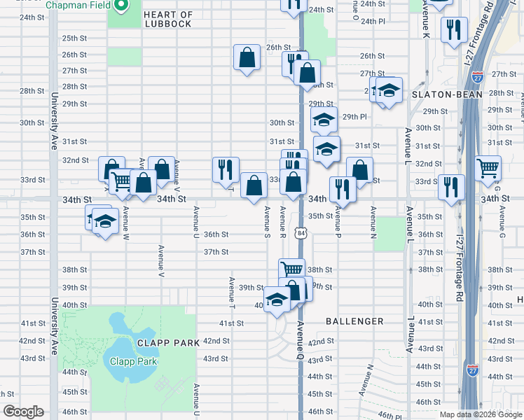 map of restaurants, bars, coffee shops, grocery stores, and more near 1901 34th Street in Lubbock