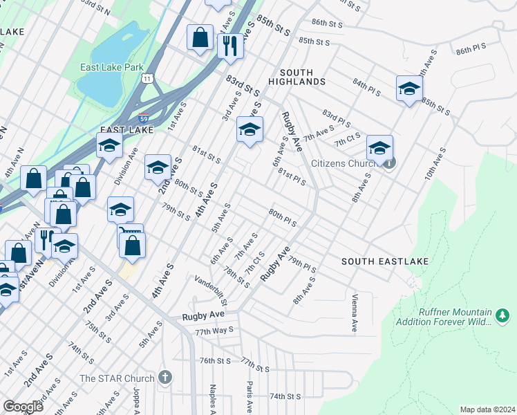 map of restaurants, bars, coffee shops, grocery stores, and more near 604 80th Place South in Birmingham