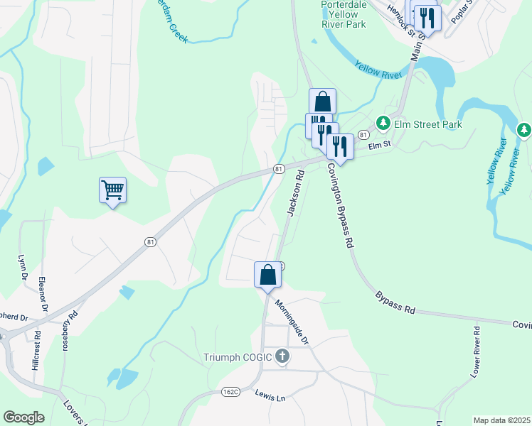 map of restaurants, bars, coffee shops, grocery stores, and more near 25 Maple Court in Covington