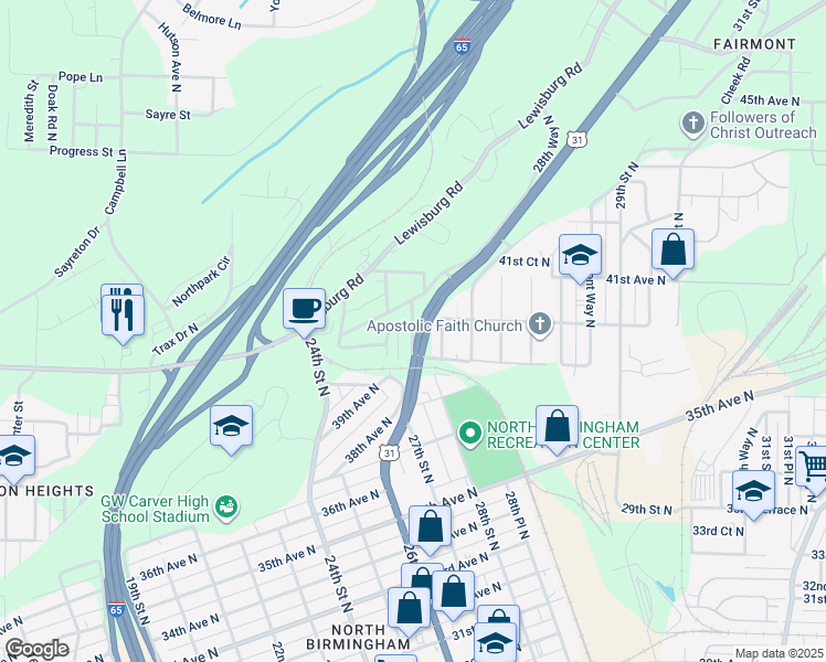 map of restaurants, bars, coffee shops, grocery stores, and more near 3927 39th Avenue North in Birmingham