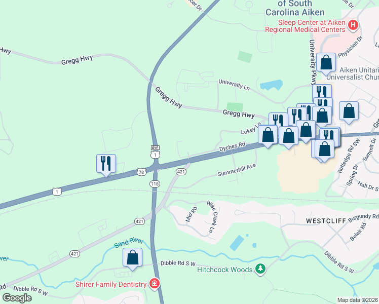 map of restaurants, bars, coffee shops, grocery stores, and more near 3832 Dyches Road in Aiken