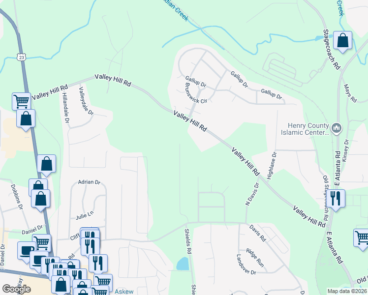 map of restaurants, bars, coffee shops, grocery stores, and more near 63 Sentry Oak Court in Stockbridge