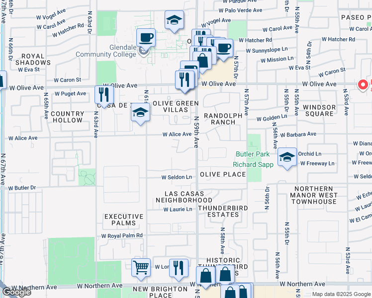 map of restaurants, bars, coffee shops, grocery stores, and more near 8608 North 59th Avenue in Glendale