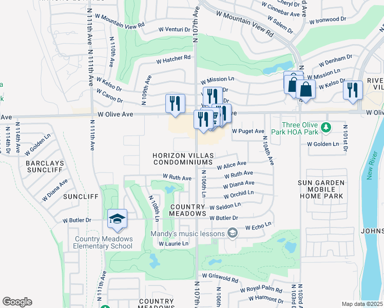 map of restaurants, bars, coffee shops, grocery stores, and more near 8734 North 106th Lane in Peoria