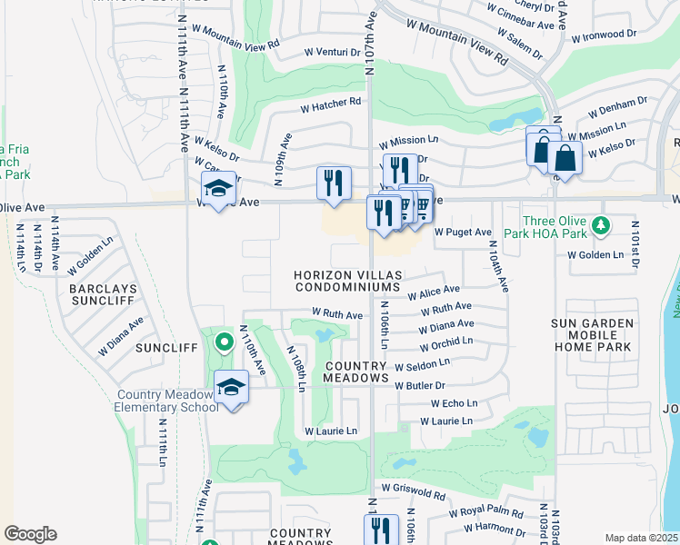 map of restaurants, bars, coffee shops, grocery stores, and more near 10847 West Olive Avenue in Peoria
