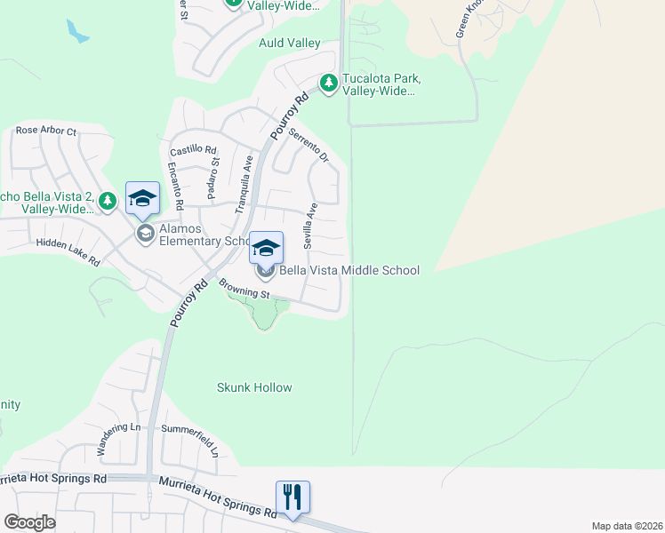 map of restaurants, bars, coffee shops, grocery stores, and more near 38403 Magdelena Street in Murrieta