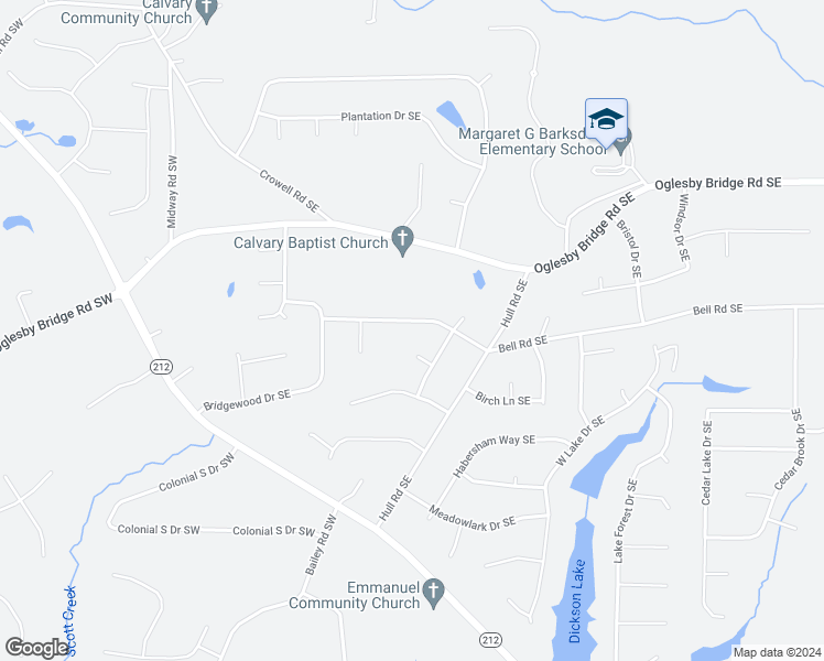 map of restaurants, bars, coffee shops, grocery stores, and more near 341 Bridgewood Drive Southeast in Conyers