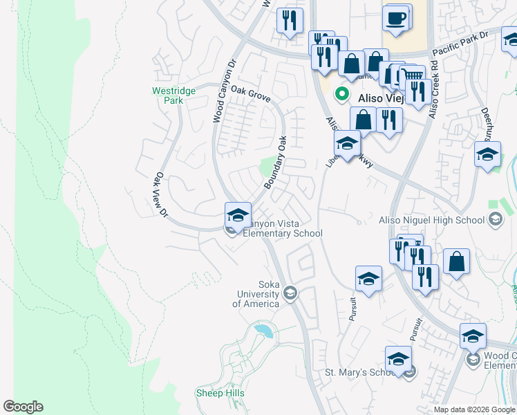 map of restaurants, bars, coffee shops, grocery stores, and more near 45 Trofello Lane in Aliso Viejo
