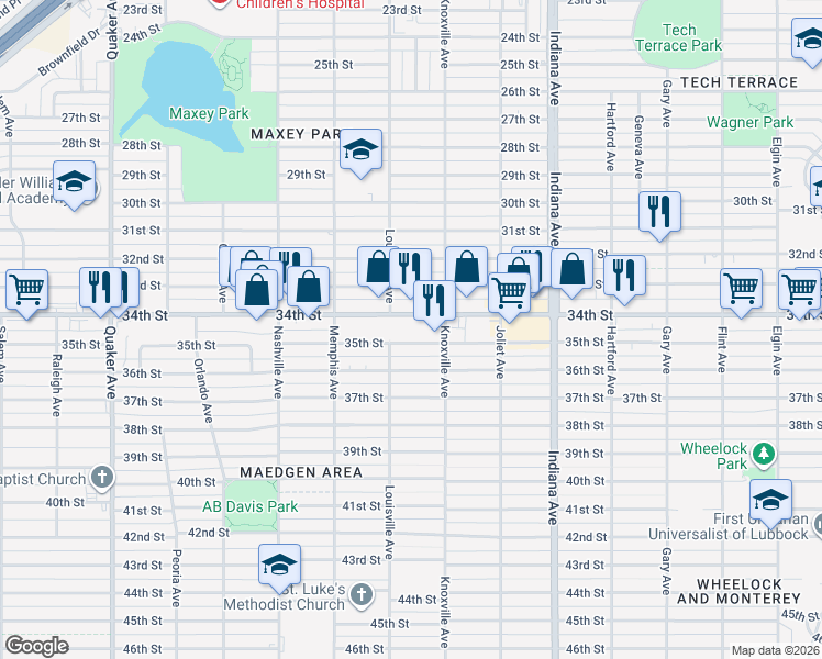 map of restaurants, bars, coffee shops, grocery stores, and more near 3631 34th Street in Lubbock