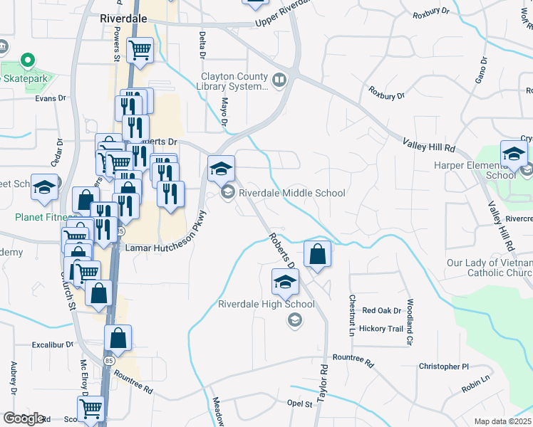map of restaurants, bars, coffee shops, grocery stores, and more near 7101 Brookview Way in Riverdale