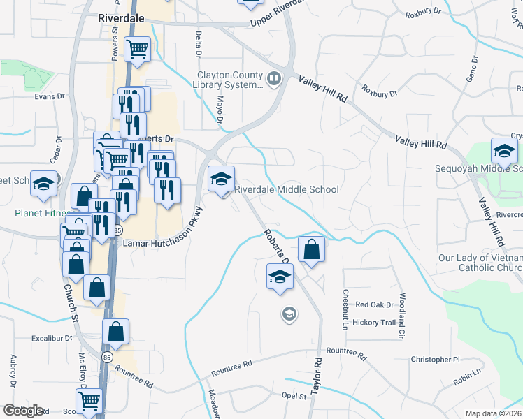 map of restaurants, bars, coffee shops, grocery stores, and more near 7101 Brookview Way in Riverdale