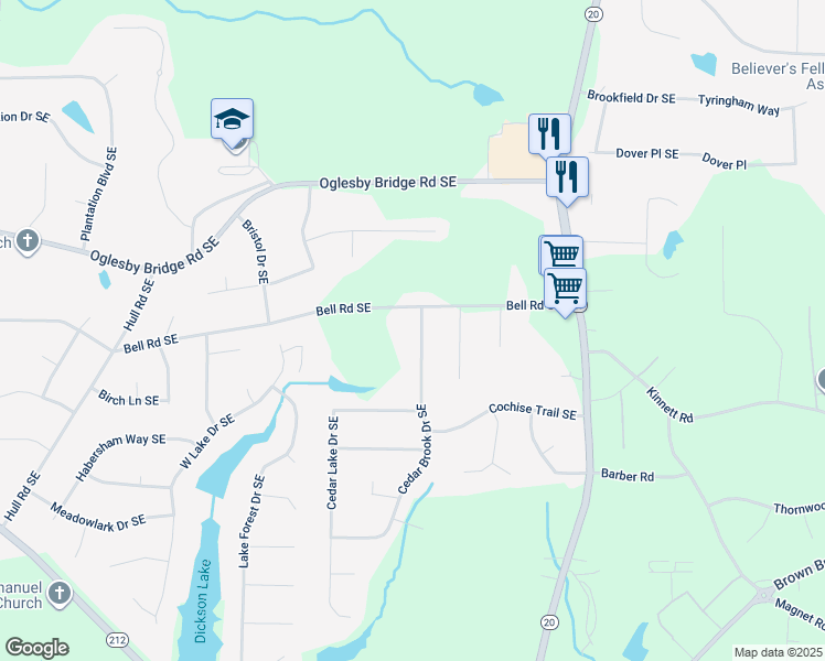 map of restaurants, bars, coffee shops, grocery stores, and more near 4630 Cedar Brook Drive Southeast in Conyers