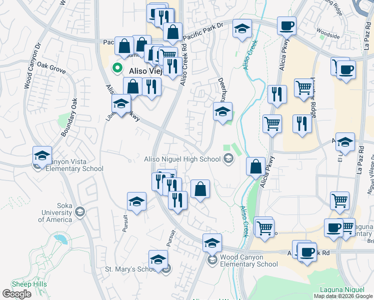 map of restaurants, bars, coffee shops, grocery stores, and more near 3 Sagunto in Aliso Viejo