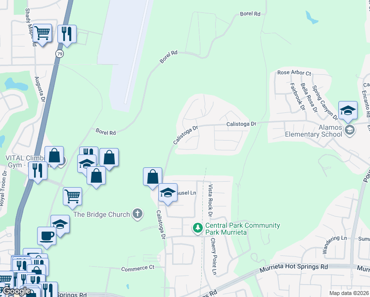 map of restaurants, bars, coffee shops, grocery stores, and more near 38537 Windingwalk Drive in Murrieta