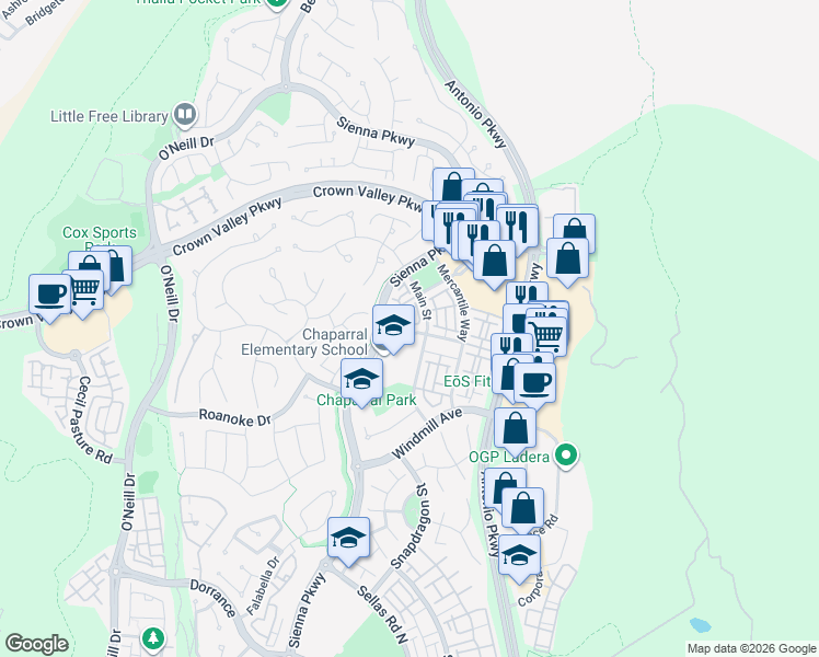 map of restaurants, bars, coffee shops, grocery stores, and more near 27 Bloomington Street in Ladera Ranch