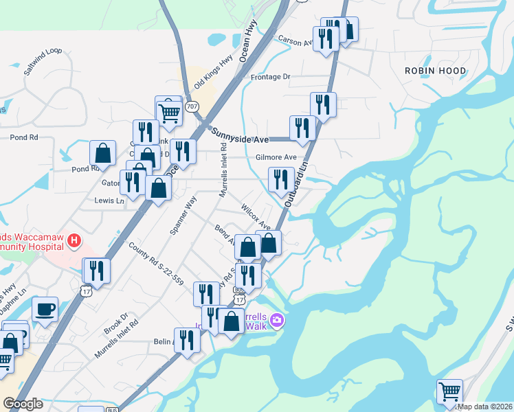map of restaurants, bars, coffee shops, grocery stores, and more near 545 Wilcox Avenue in Murrells Inlet