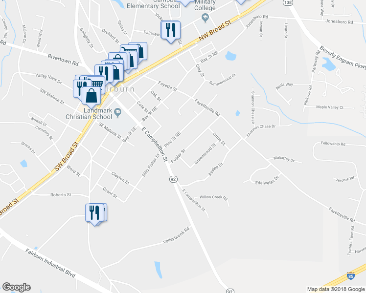 map of restaurants, bars, coffee shops, grocery stores, and more near 60 Poplar Street in Fairburn
