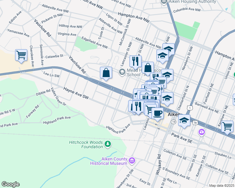 map of restaurants, bars, coffee shops, grocery stores, and more near 121 Florence Street Southwest in Aiken