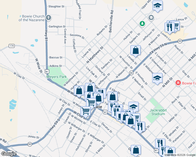 map of restaurants, bars, coffee shops, grocery stores, and more near 509 Cummins Street in Bowie