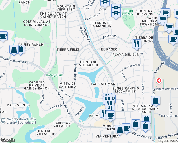 map of restaurants, bars, coffee shops, grocery stores, and more near 8177 East Del Cuarzo Drive in Scottsdale