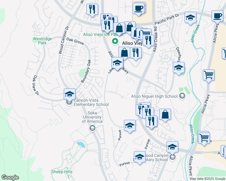 map of restaurants, bars, coffee shops, grocery stores, and more near 100 Freedom Lane in Aliso Viejo