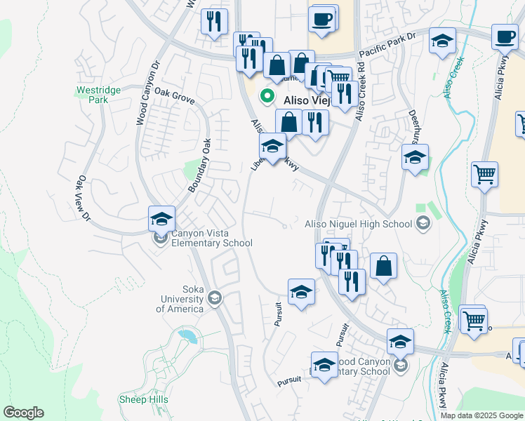 map of restaurants, bars, coffee shops, grocery stores, and more near 100 Freedom Lane in Aliso Viejo