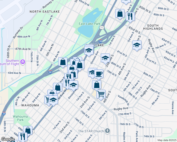 map of restaurants, bars, coffee shops, grocery stores, and more near 7807 Division Avenue in Birmingham