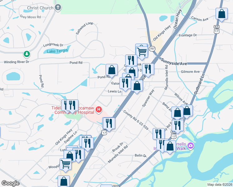 map of restaurants, bars, coffee shops, grocery stores, and more near 763 Nelson Drive in Murrells Inlet