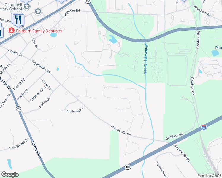 map of restaurants, bars, coffee shops, grocery stores, and more near 107 Fellowship Road in Fairburn