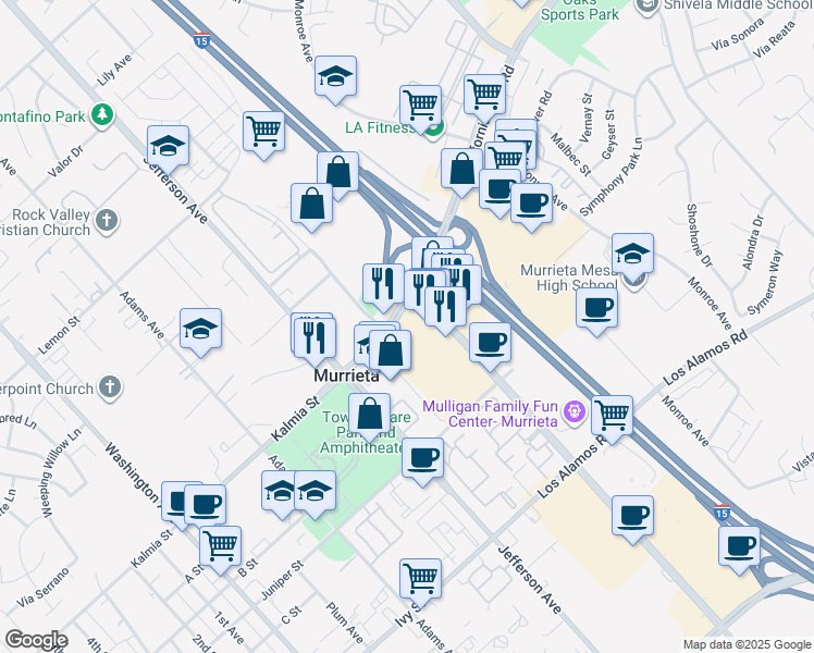 map of restaurants, bars, coffee shops, grocery stores, and more near 41300 Kalmia Street in Murrieta
