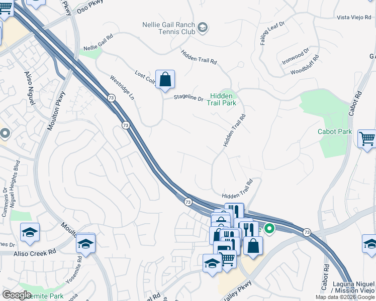 map of restaurants, bars, coffee shops, grocery stores, and more near 25191 Rockridge Road in Laguna Hills